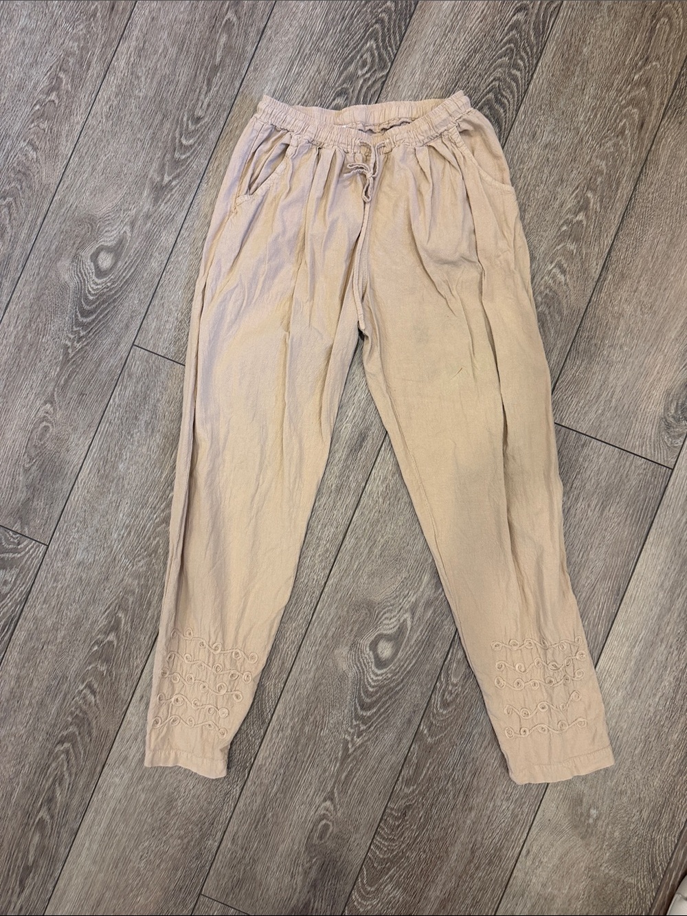 Unbranded Vintage Cotton Light Beige Embroidered Elastic-Waist Pants Medium